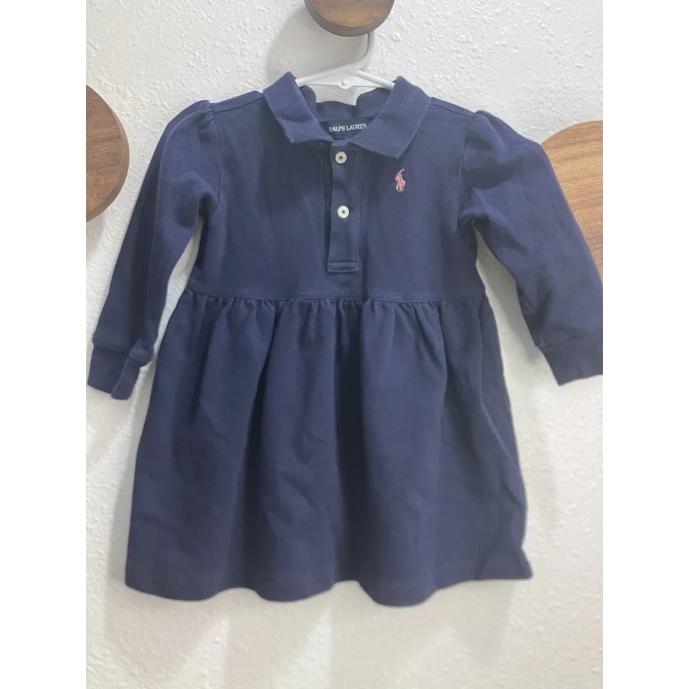 Ralph Lauren 18M Girls Long Sleeve Blue Collared Dress Pink Pony Preppy Classic